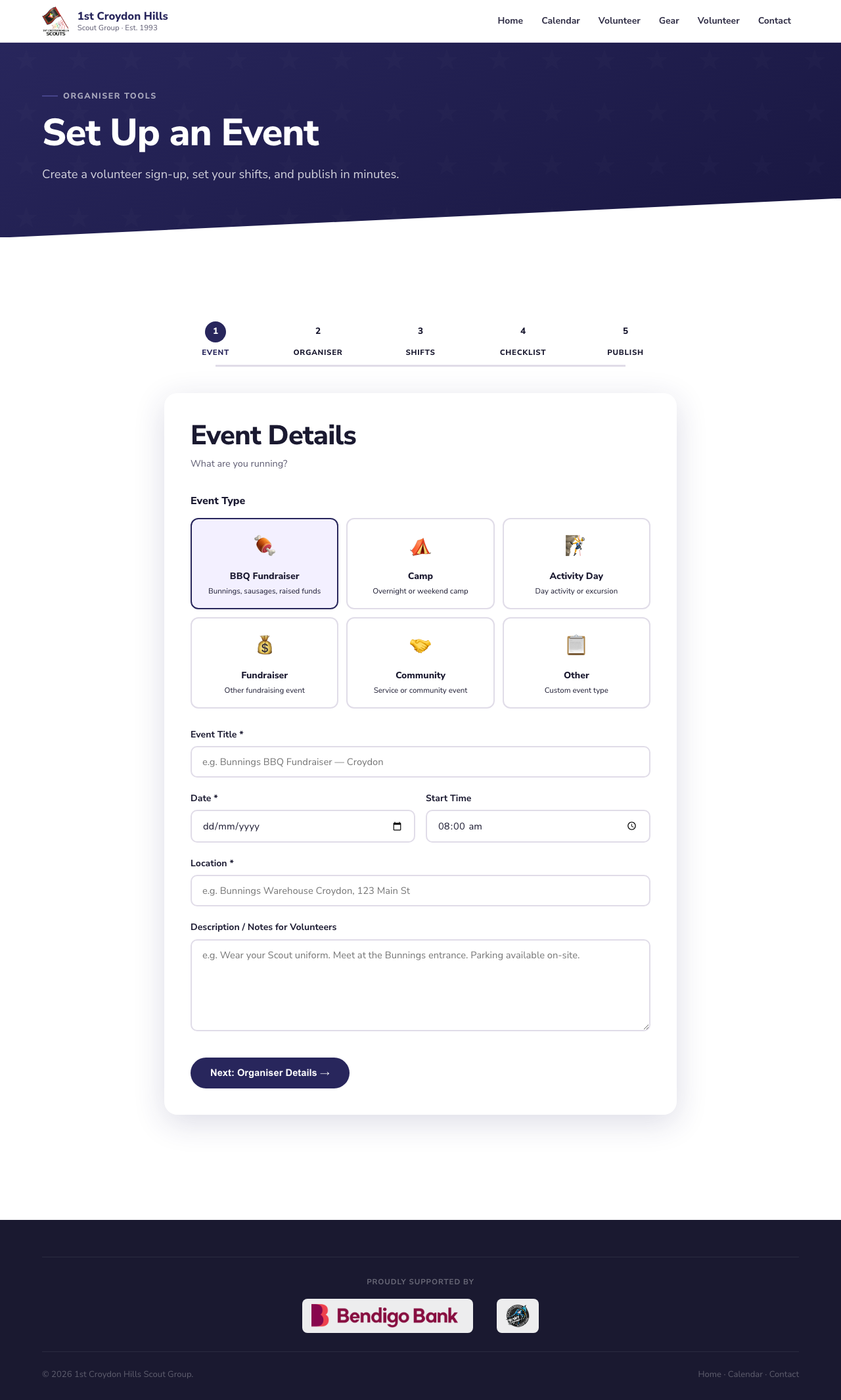 The Event Details step of the wizard with event-type cards and fields