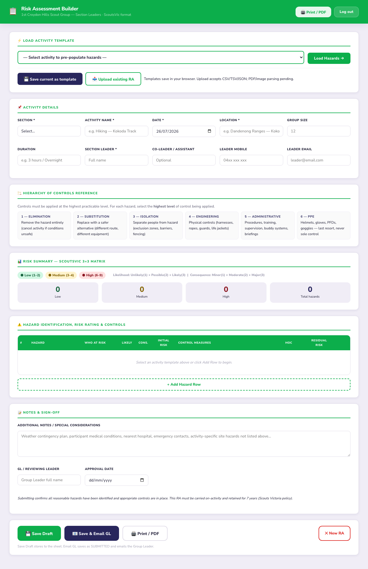 The Risk Assessment Builder with template selector, activity details, controls reference and hazard table