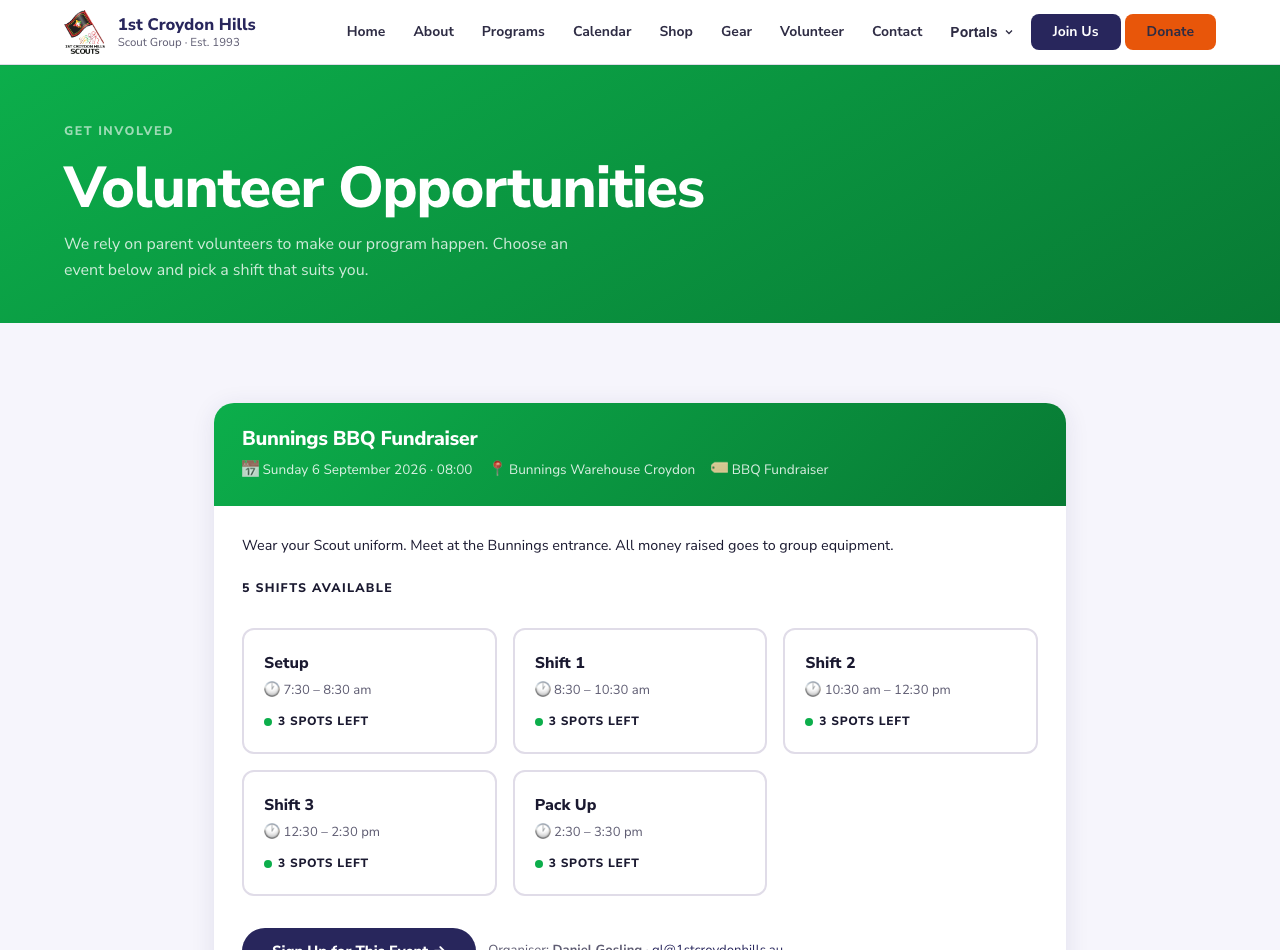 The Volunteer page showing an event and its available shifts