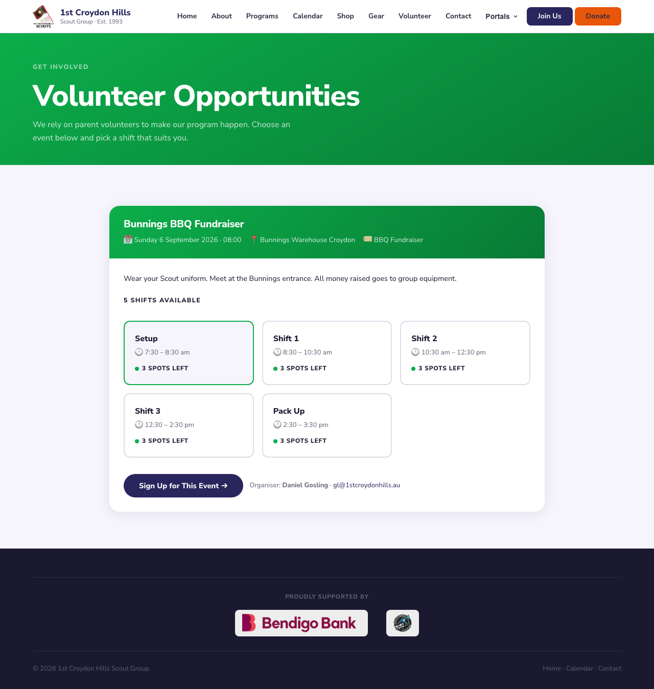 The event with a shift selected and the Sign Up button